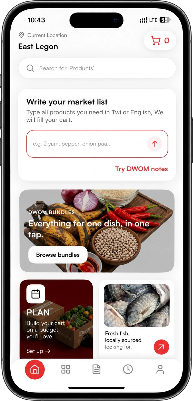 DWOM home screen with the market list box and dish bundles