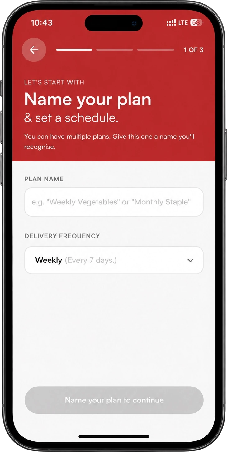 DWOM plan setup screen for naming a plan and choosing delivery frequency