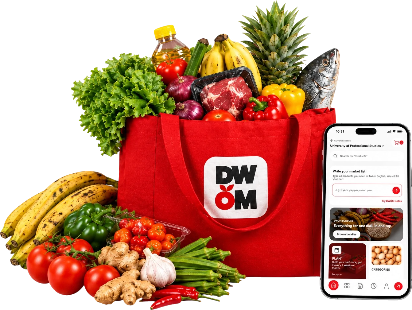 Red DWOM tote bag full of groceries beside the DWOM app on a phone
