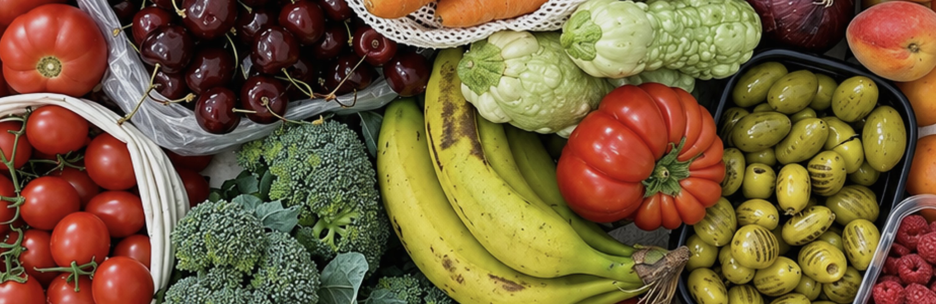Fresh tomatoes, cherries, broccoli, bananas and garden eggs